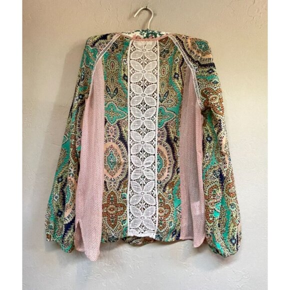 Anthropologie Meadow Rue Small Paisley Crochet Lace Peasant Top Blouse Green - Picture 2 of 10